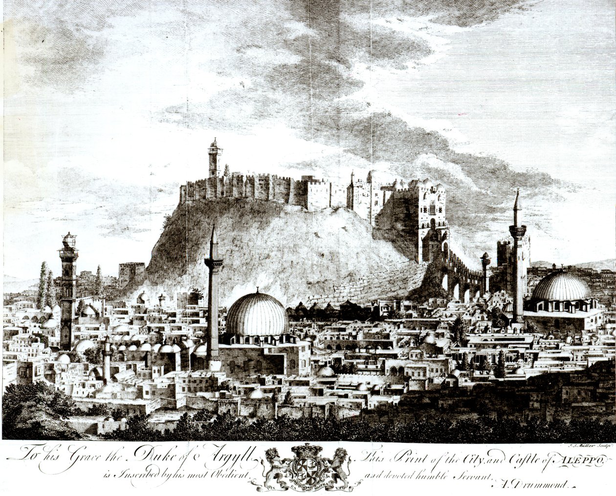 En udsigt over byen og slottet i Aleppo, Syrien, 1754 af Alexander Drummond