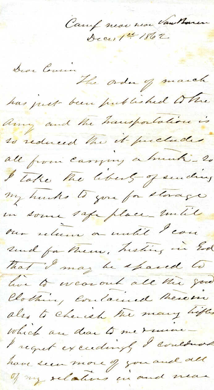 Brev underskrevet A.E. Steen, lejr nær Van Buren, til sin fætter fru Mary Walker, Van Buren, Ark., 1. december 1862 af Alexander Early Steen
