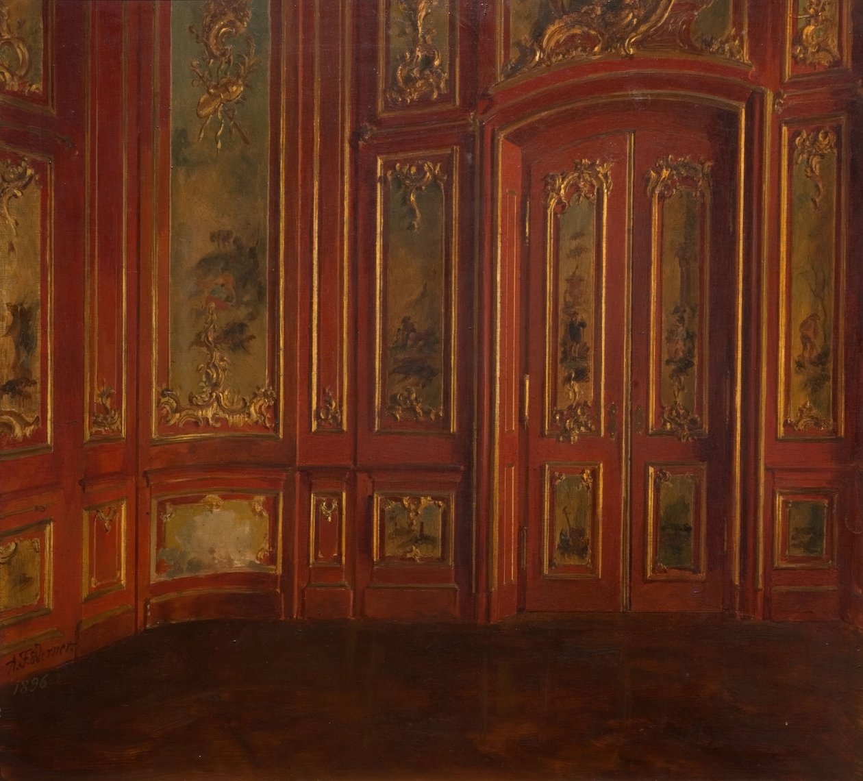 Interiør af et værelse med rokokopaneler, 1896. af Alexander Friedrich Werner