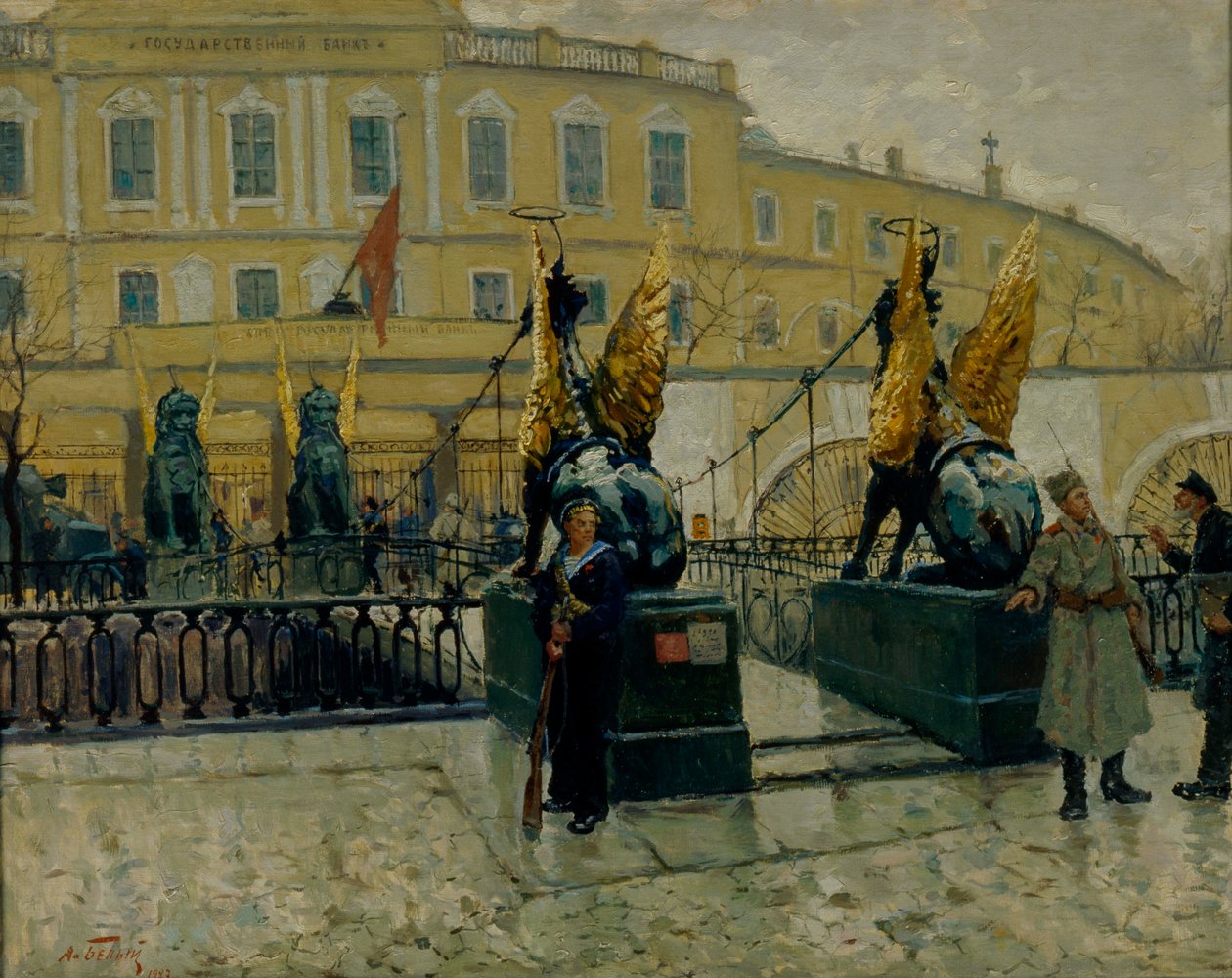 Revolutionære sømænd bevogtede Petrograd State Bank, 1927. af Alexander Fyodorovich Bely