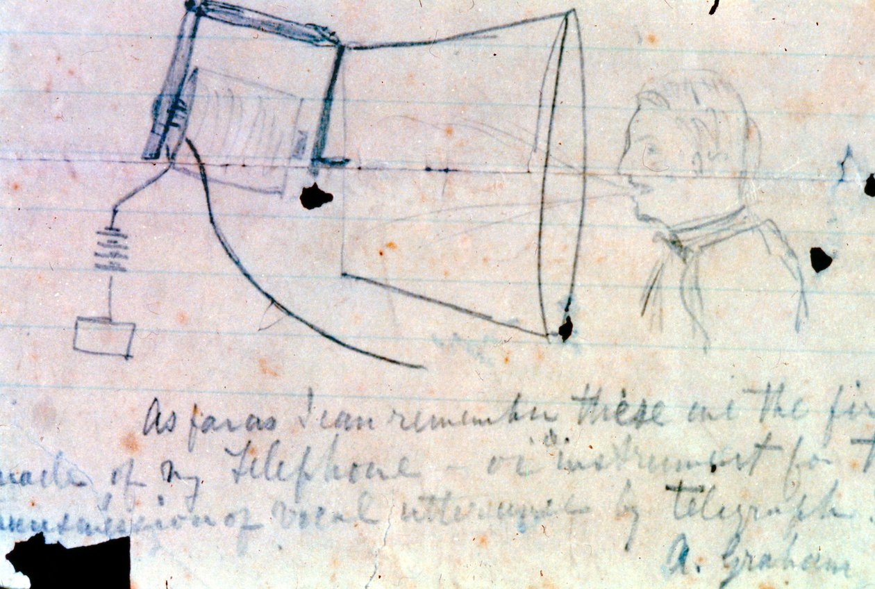 Skitse af Alexander Graham Bells telefon fra 1876 af Alexander Graham Bell