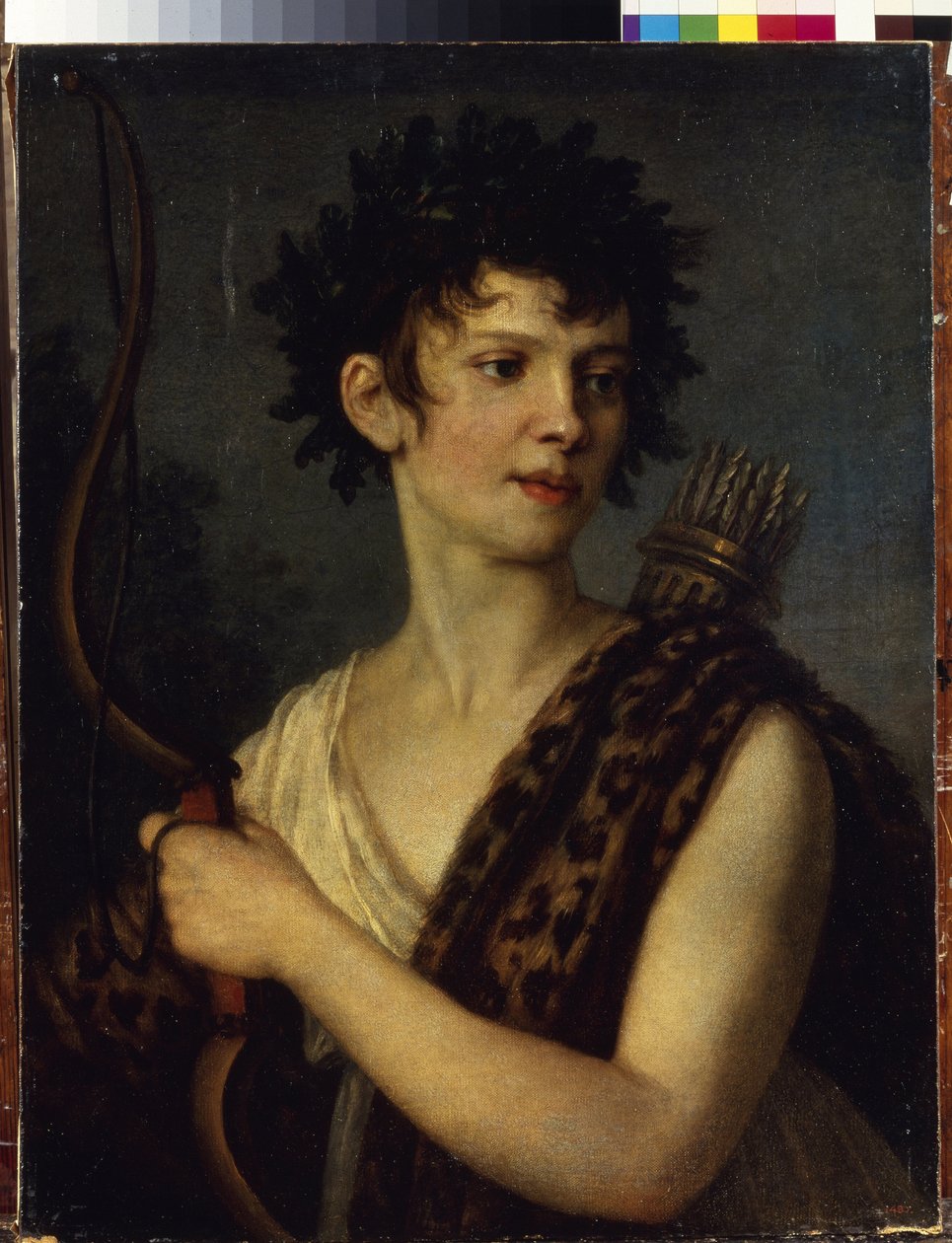 Portræt af skuespillerinde og ballerina Evgenia Kolosova (1782-1869). (Portræt af skuespillerinden og balletdanseren E. Kolosova). Afbildet med en bue og bærende et kogger fyldt med pile, kronet med egetræsblade og klædt i leopardskind. pei af Alexander Grigoryevich Vanek