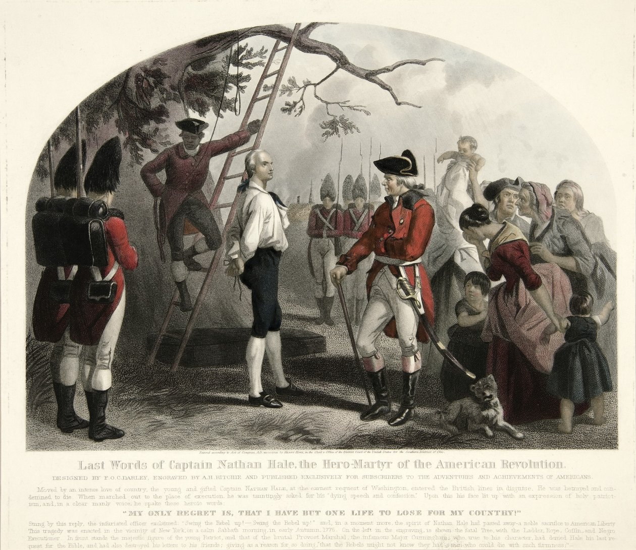 Last Words of Captain Nathan Hale?, pub. 1858 (håndfarvet gravering) af Alexander Hay Ritchie
