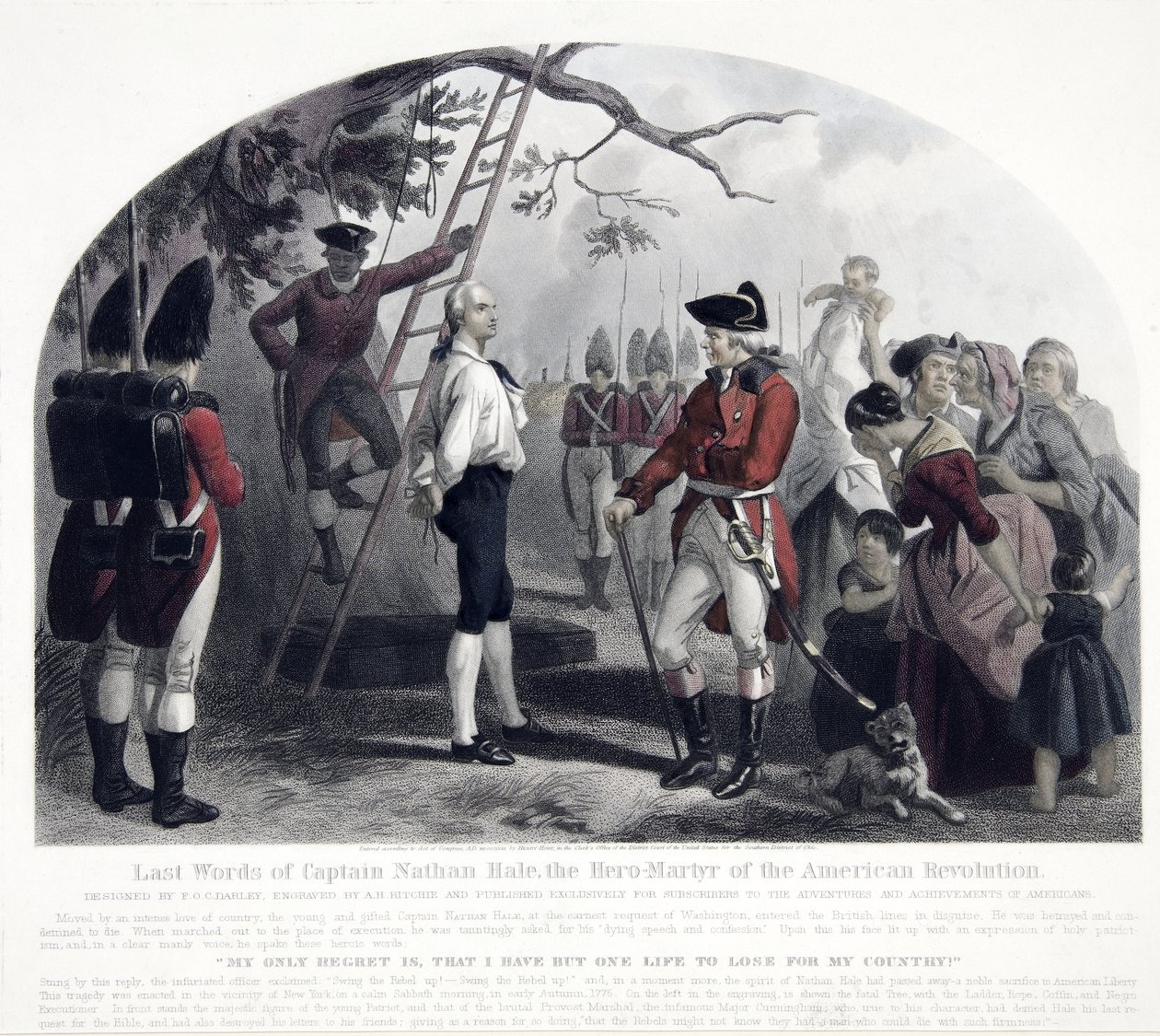 Last Words of Captain Nathan Hale, pub. 1858 (håndfarvet gravering) af Alexander Hay Ritchie
