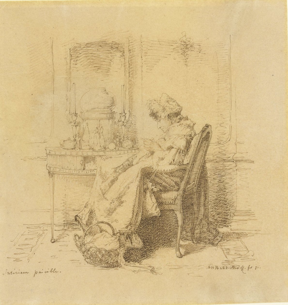 Strikkede gammel dame Interiør paisible (titel på objekt) af Alexander Hugo Bakker Korff