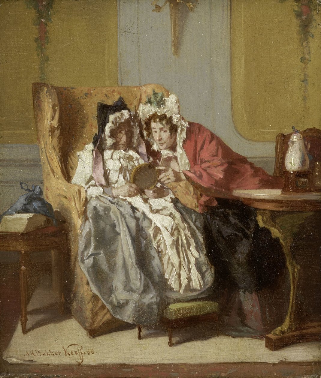 To damer undersøger et lille maleri To damer ser på et billede af Alexander Hugo Bakker Korff