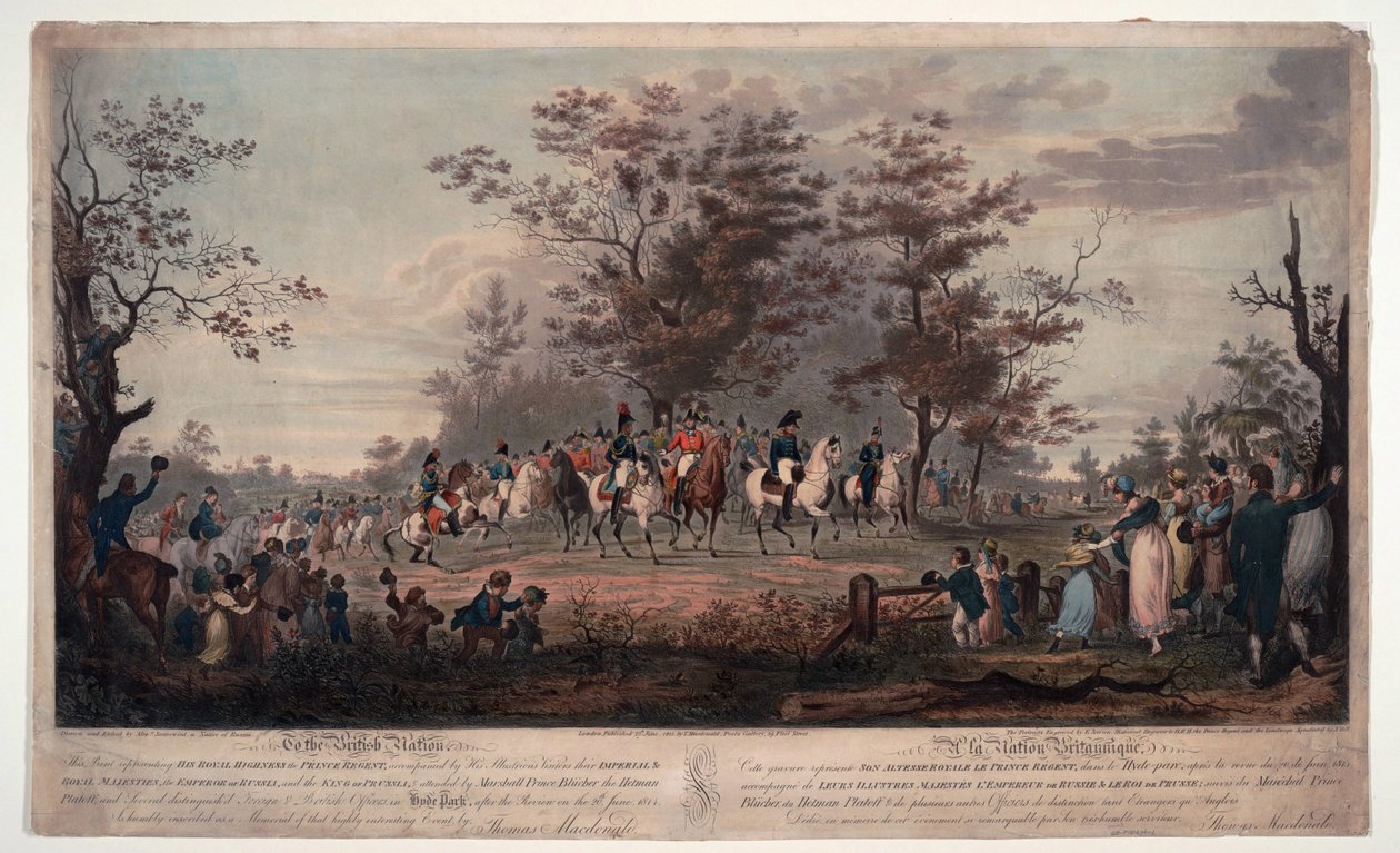 Frederic Guillaume (Frederic-Guillaume) III af Preussen (1770-1840) - De allierede suveræner passerer til anmeldelse i Hyde Park 1814 - Prins Regent, Vilhelm III af Preussen, Alexander I (Alexander I af Rusland af Alexander Ivanovich Sauerweid