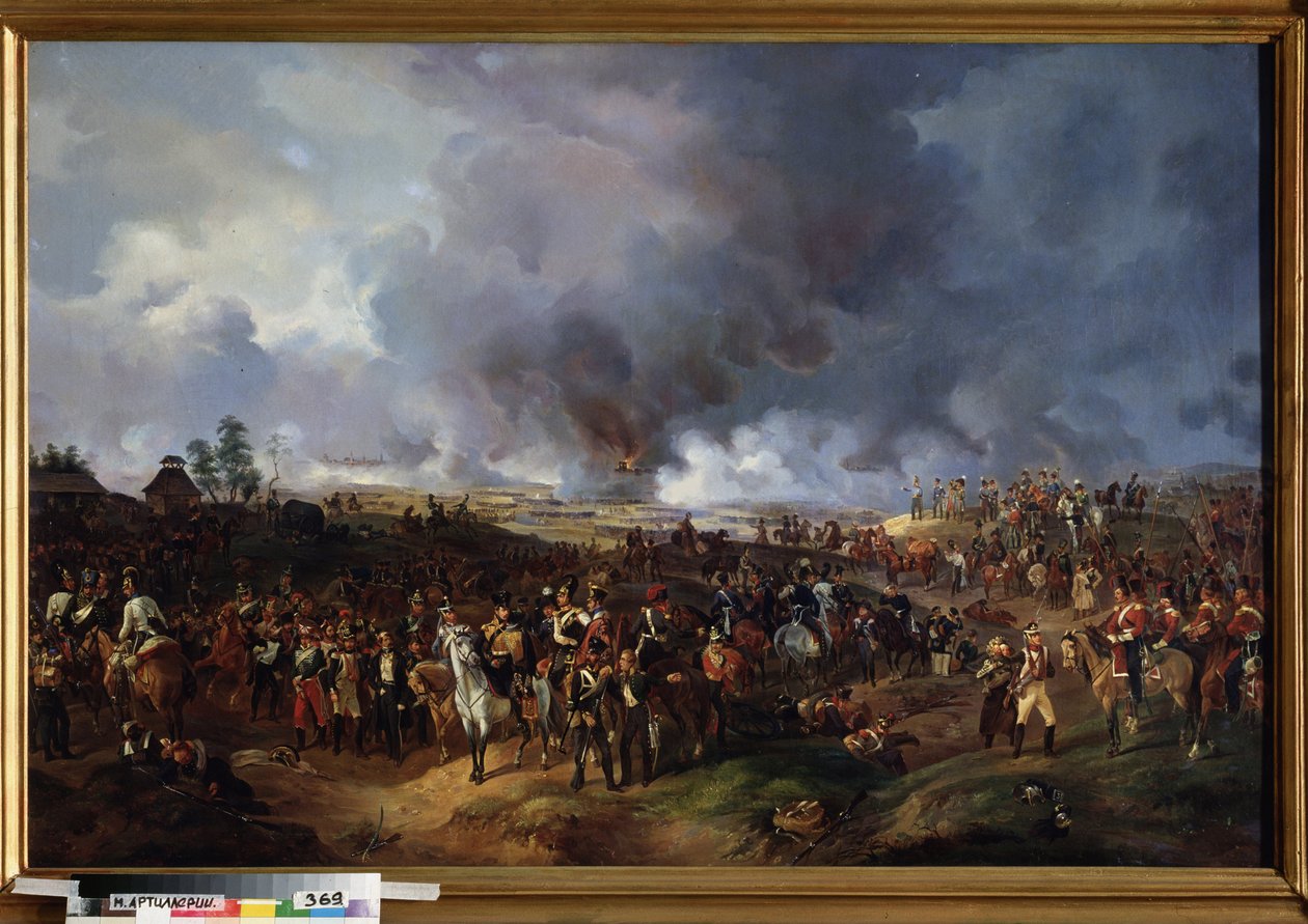 The Battle of the Nations at Leipzig (Tyskland), oktober 1813. (Eller Battle of Leipzig, episode af Napoleonskrigene, under det tyske felttog (1813). Maleri af Alexander Ivanovich Sauerweid (1783-1844), olie på lærred af Alexander Ivanovich Sauerweid