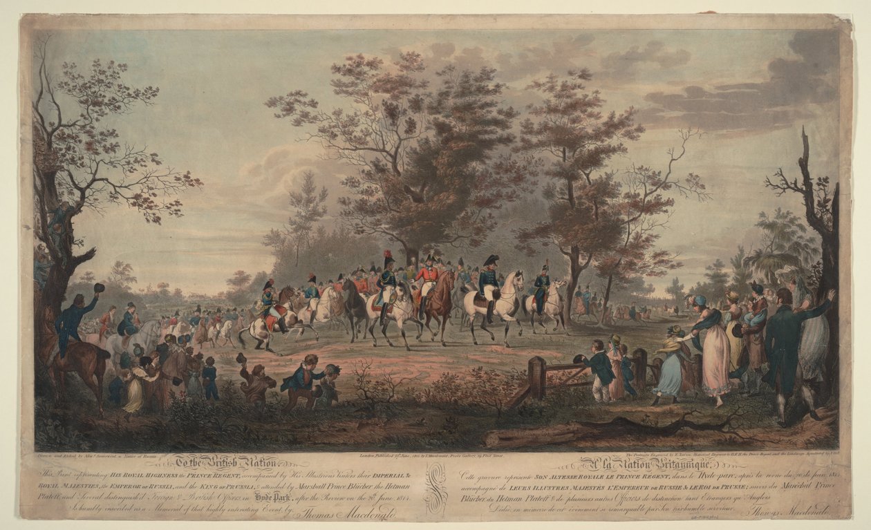 Prins Regent, Vilhelm III af Preussen, Alexander I, General Blücher og Hetman Platov anmelder tropper af Alexander Ivanovich Sauerweid
