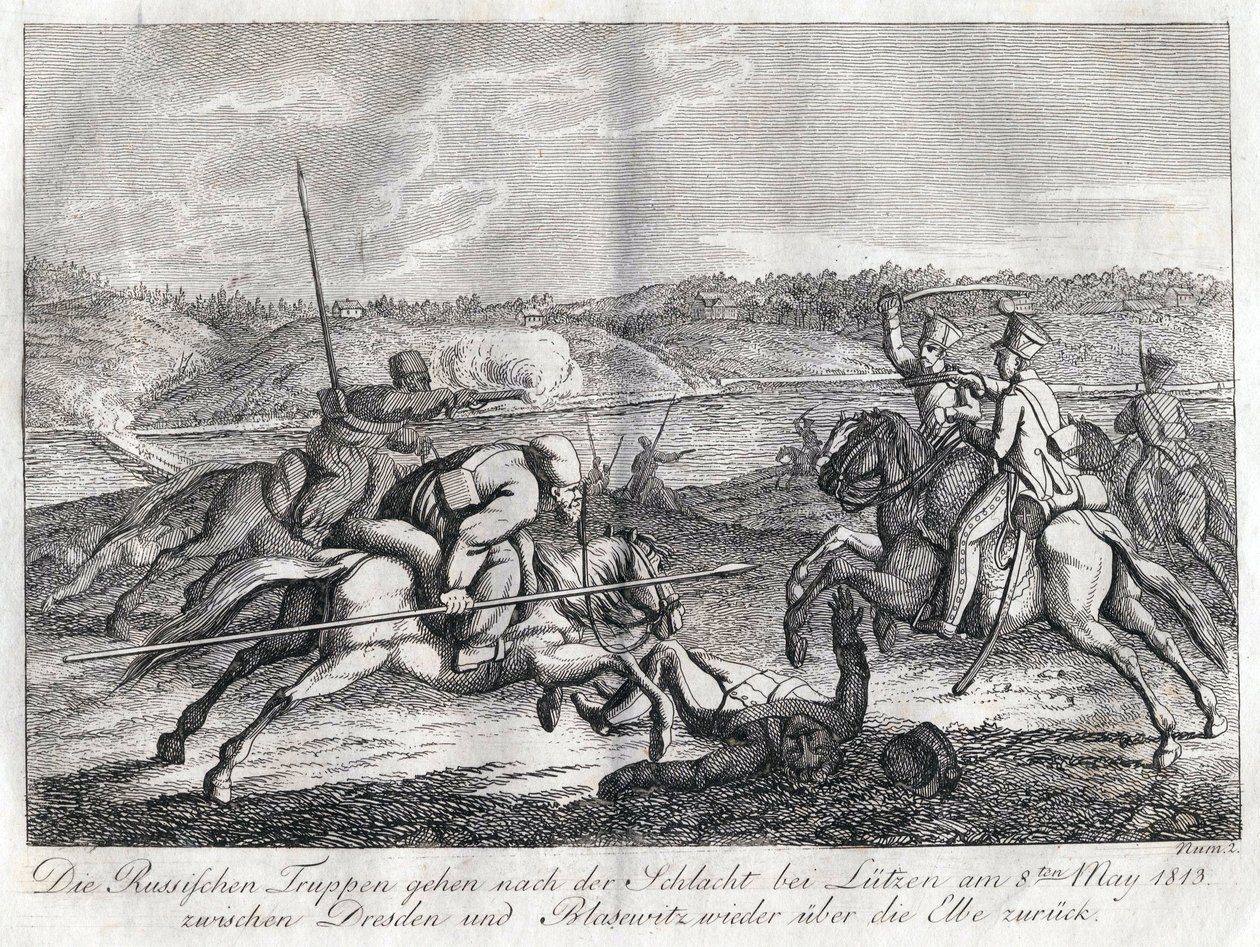 Russiske tropper går efter slaget ved Lutzen tilbage over Elben - Sauerweid, Alexander Ivanovich (1783-1844) - 1813 - Radering - 21x26 - Privat samling af Alexander Ivanovich Sauerweid