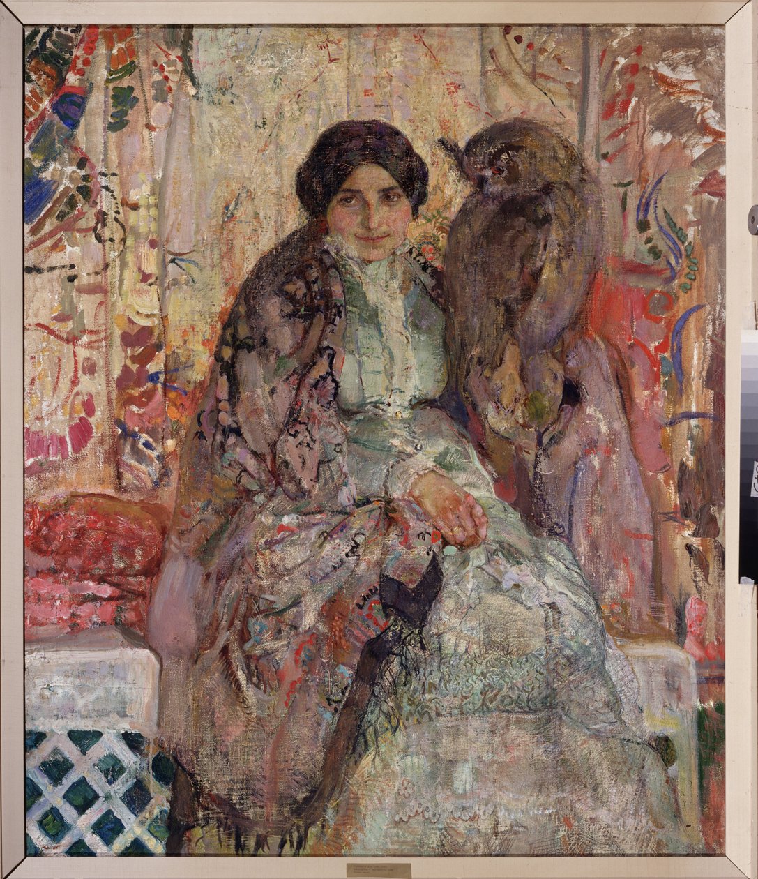 Kvinde med en ørneugle. Maleri af Alexander Ivanovich Savinov (1881-1942), olie på lærred af Alexander Ivanovich Savinov