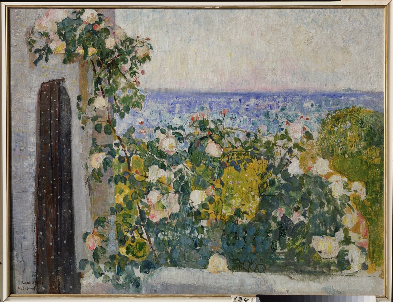 Blomster på balkonen i Rom (Italien). Maleri af Alexander Ivanovich Savinov (1881-1942), olie på lærred af Alexander Ivanovich Savinov