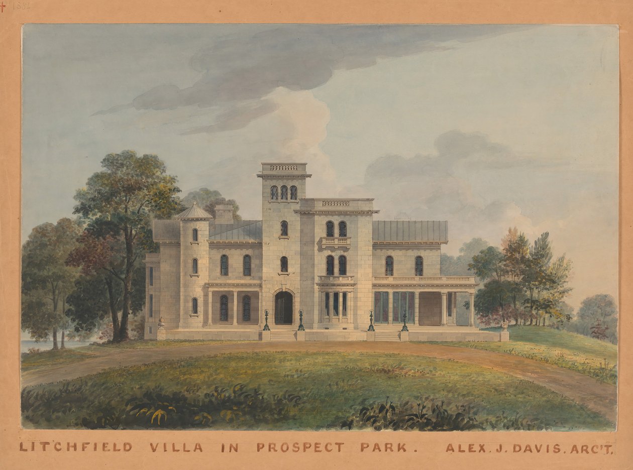 Grace Hill for Edwin C. Litchfield, Brooklyn, New York front elevation, 1854. af Alexander Jackson Davis