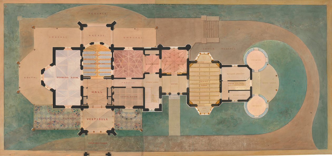 Lyndhurst for George Merritt, Tarrytown, New York, første salsplan, 1865. af Alexander Jackson Davis