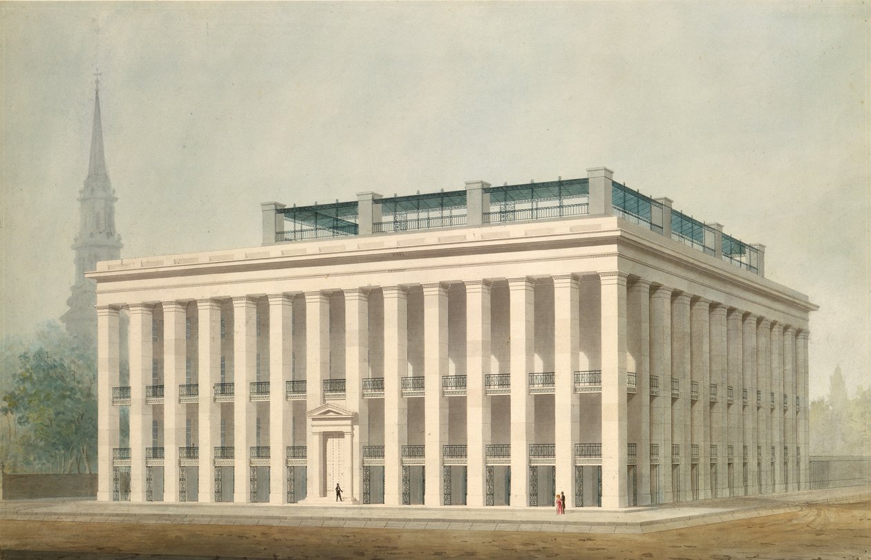 Forslag til Astor House Park Hotel, New York perspektiv, ca. 1830-34. af Alexander Jackson Davis