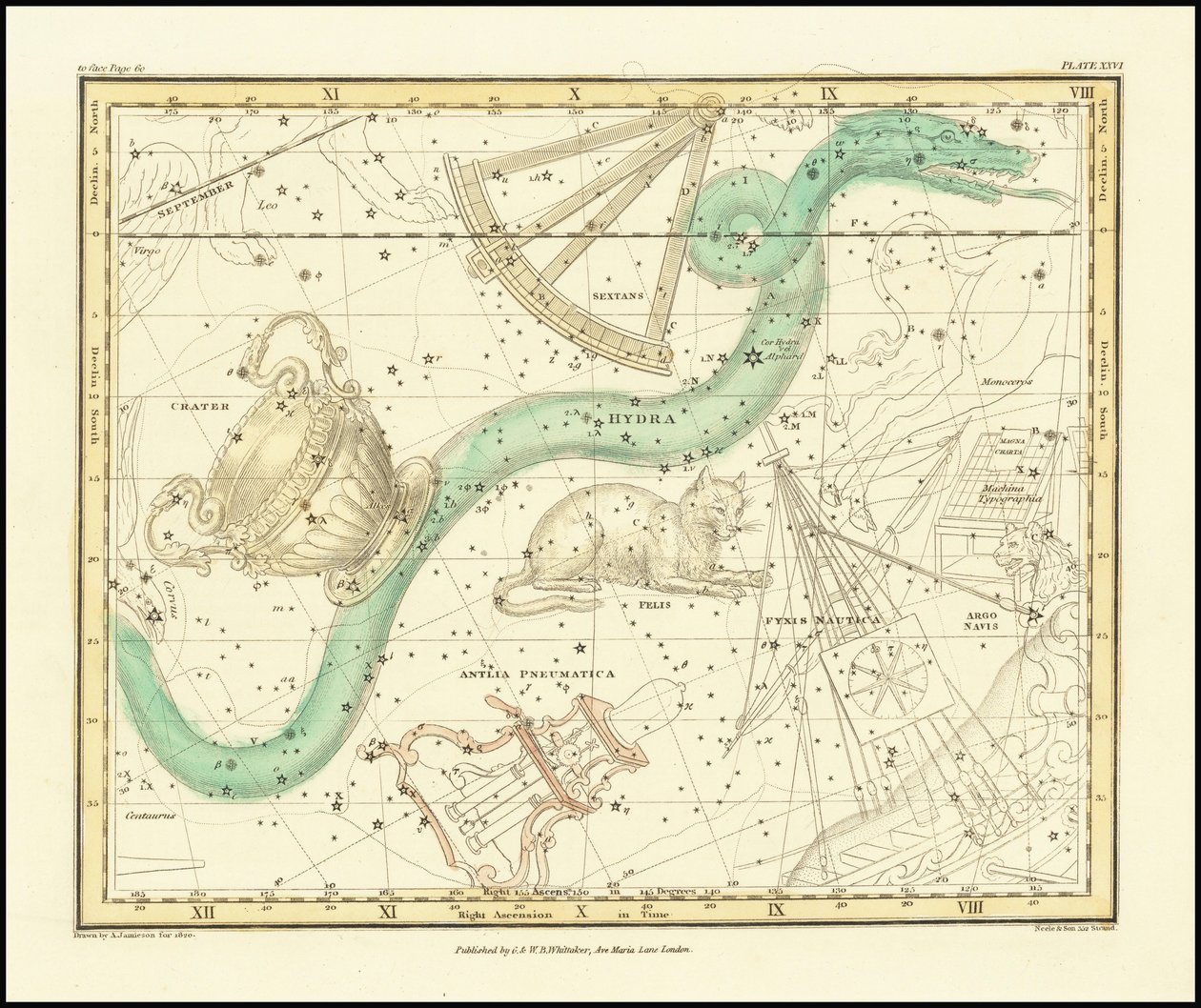 1822 - Alexander Jamieson - Hydra Sextans Felis og Krater af Alexander Jamieson