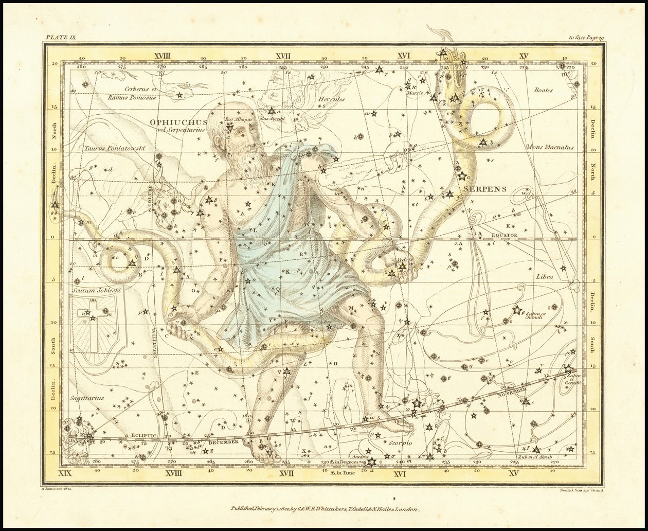 1822 - Alexander Jamieson - Ophiuchus og slangen (og Scutum Sobieski) af Alexander Jamieson