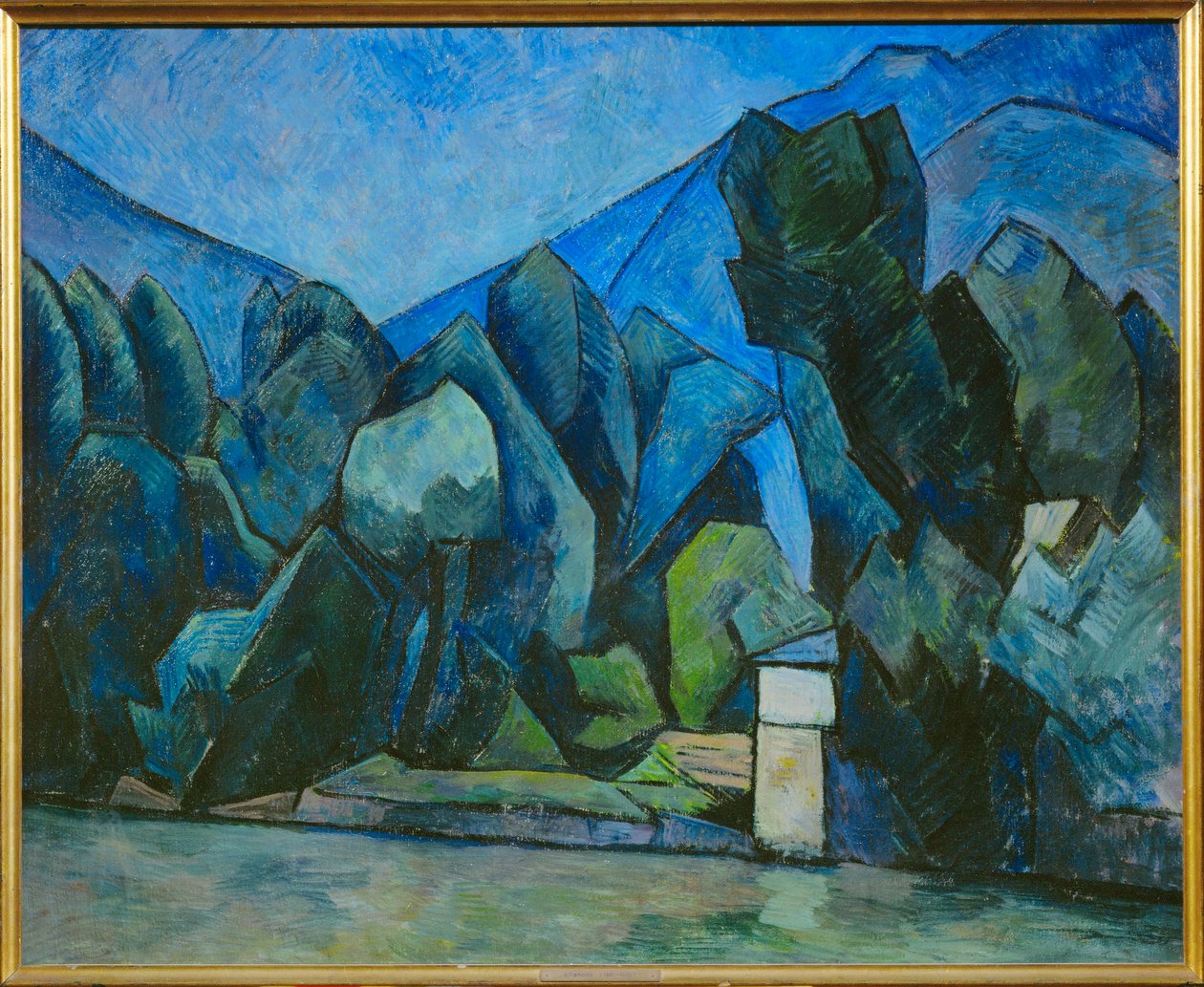 Landskab med flod (maleri på lærred) af Alexander Kanoldt