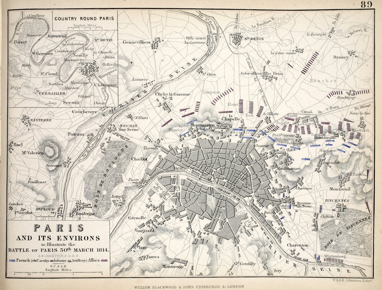 Kort over Paris og dets omgivelser, udgivet af William Blackwood and Sons, Edinburgh & London af Alexander Keith Johnston