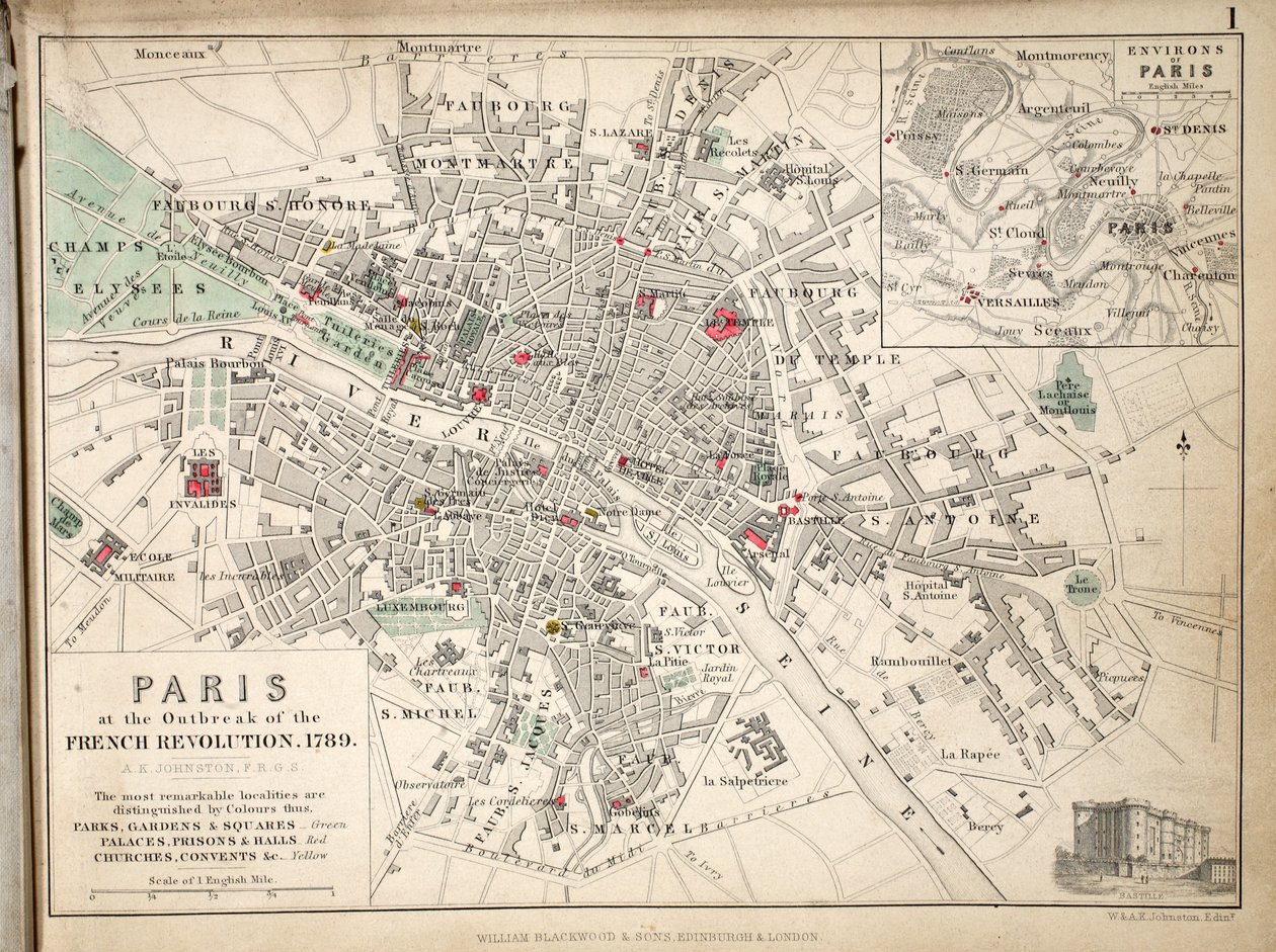 Kort over Paris ved udbruddet af den franske revolution, 1789, udgivet af William Blackwood and Sons, Edinburgh og London, 1848 (håndkoloreret gravering) af Alexander Keith Johnston
