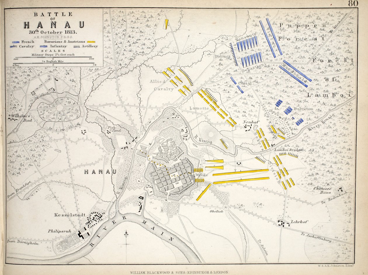 Kort over slaget ved Hanau, udgivet af William Blackwood and Sons, Edinburgh og London, 1848 (håndfarvet gravering) af Alexander Keith Johnston
