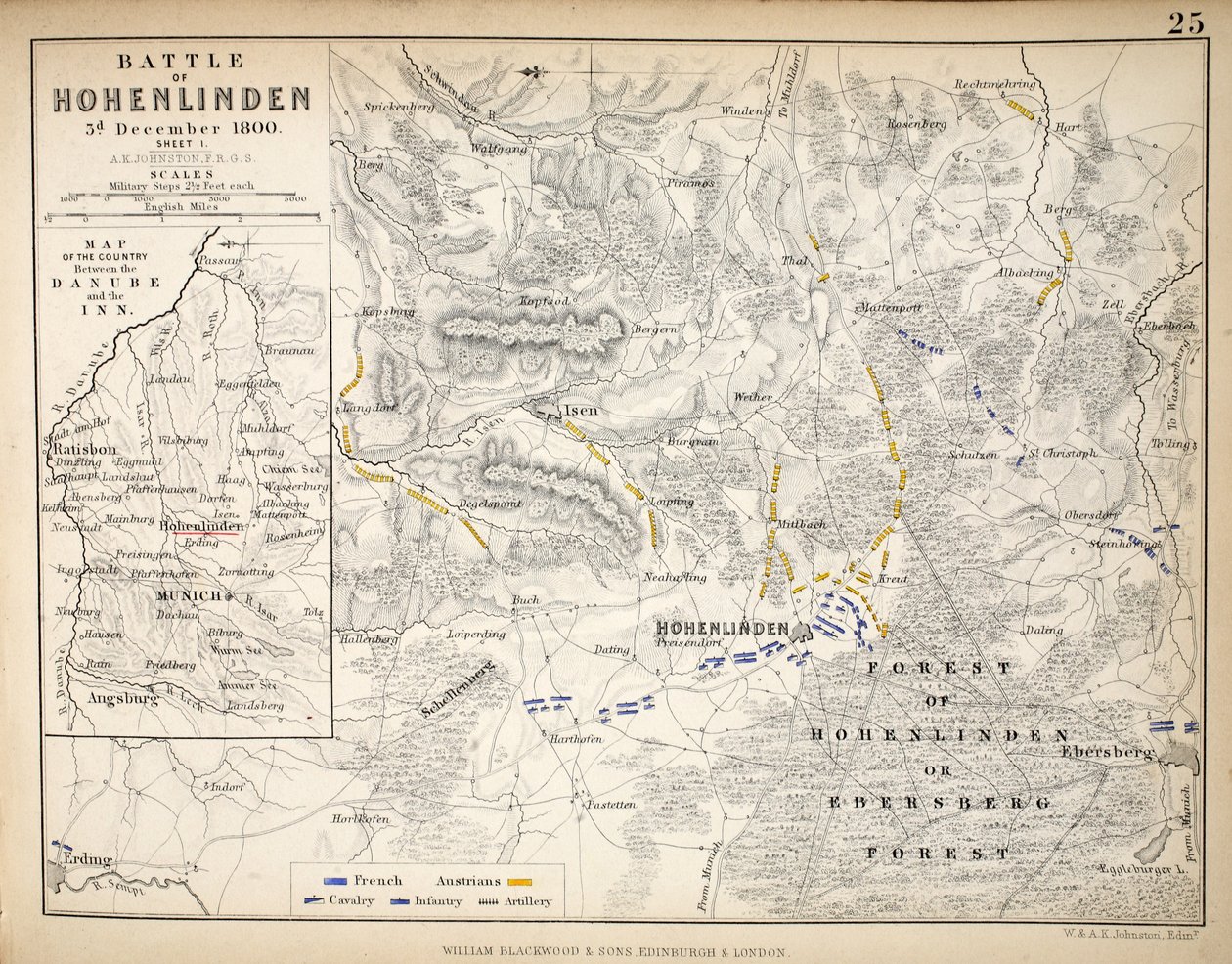 Kort over slaget ved Hohenlinden, udgivet af William Blackwood and Sons, Edinburgh og London, 1848 (håndfarvet gravering) af Alexander Keith Johnston