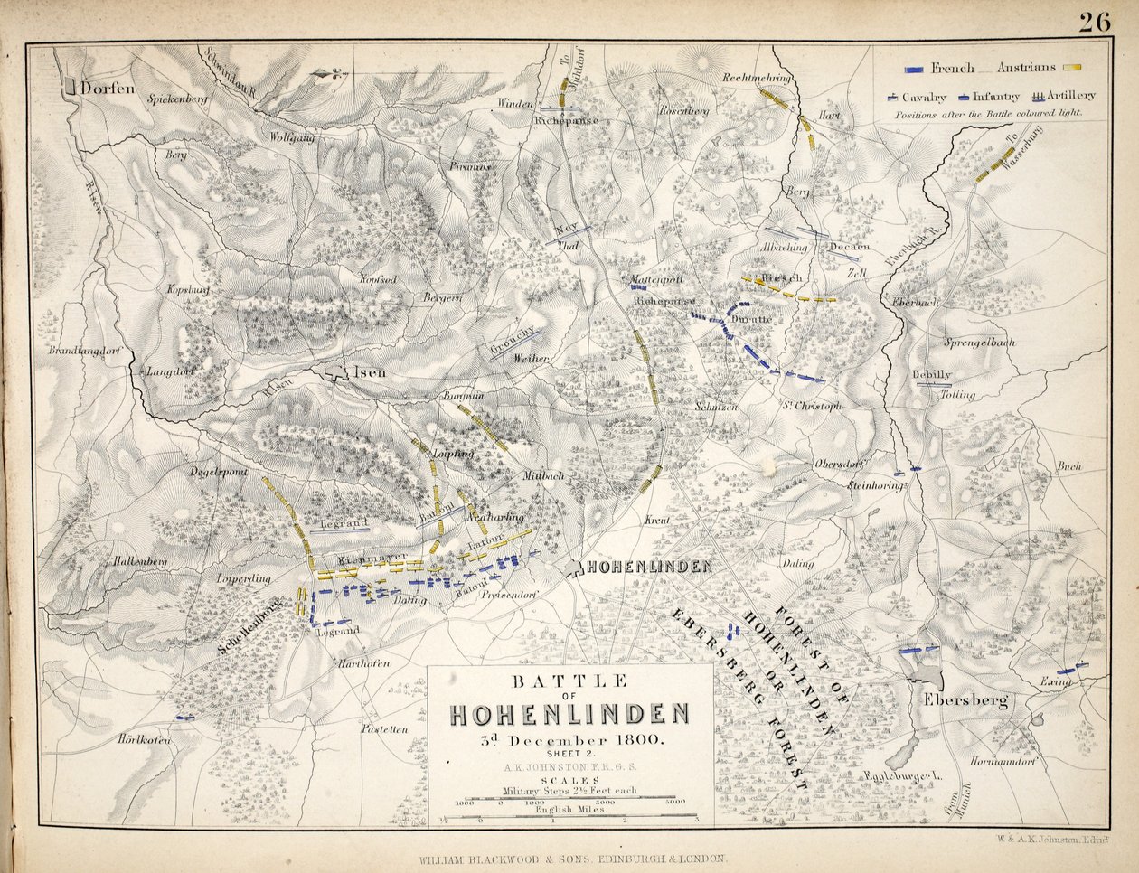 Kort over slaget ved Hohenlinden, udgivet af William Blackwood and Sons, Edinburgh og London, 1848 (håndfarvet gravering) af Alexander Keith Johnston