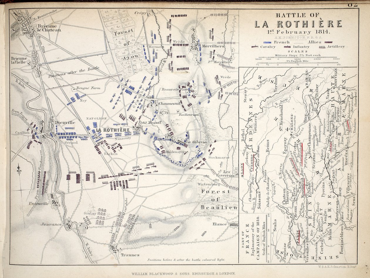 Kort over slaget ved La Rothiere, udgivet af William Blackwood and Sons, Edinburgh og London, 1848 (håndfarvet gravering) af Alexander Keith Johnston