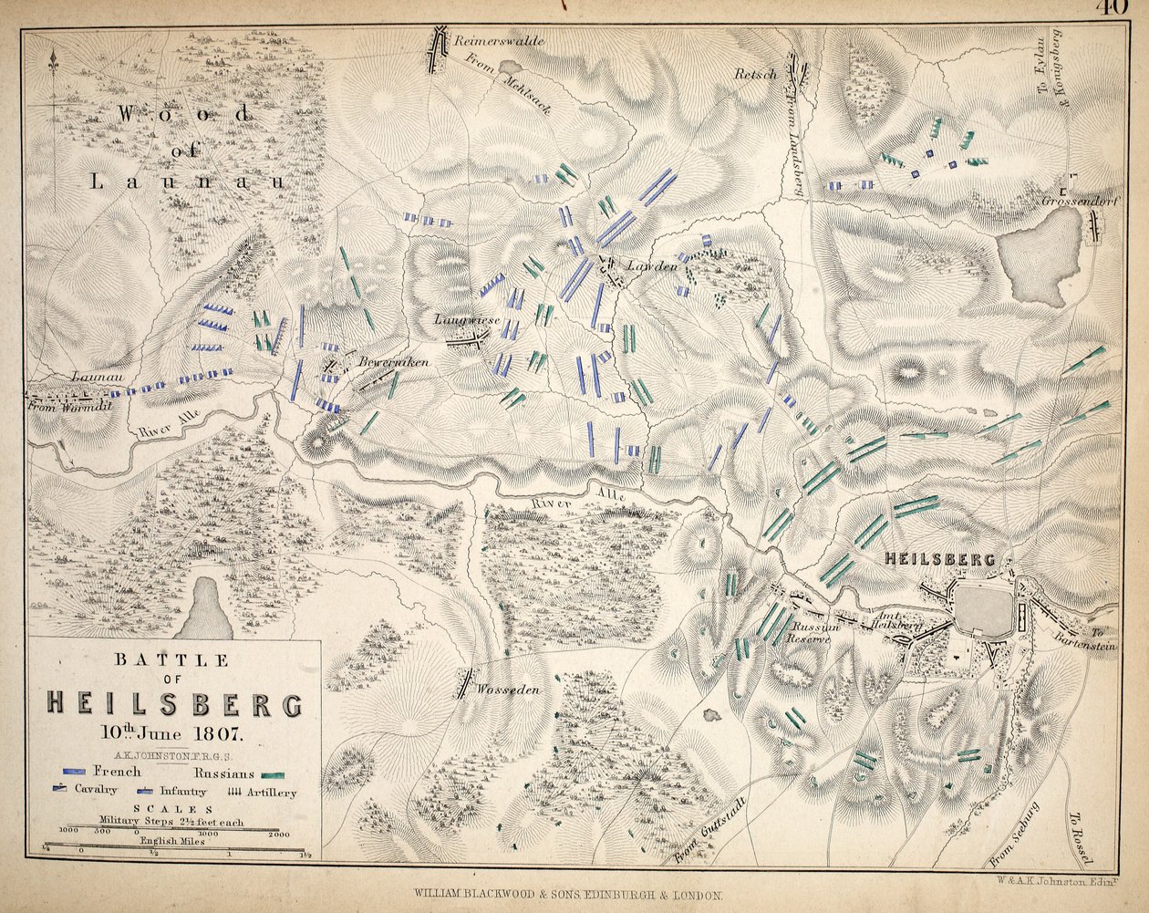 Kort over Heilsberg, udgivet af William Blackwood and Sons, Edinburgh og London, 1848 (håndfarvet gravering) af Alexander Keith Johnston