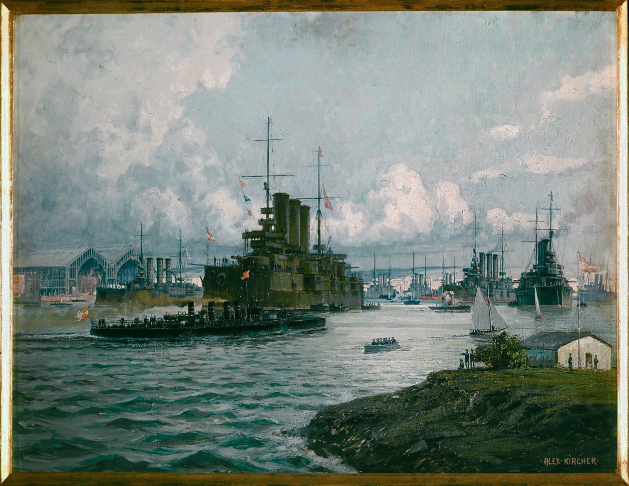 Den østrigske flådehavn ved Pola ... (maleri på lærred) af Alexander Kirchner