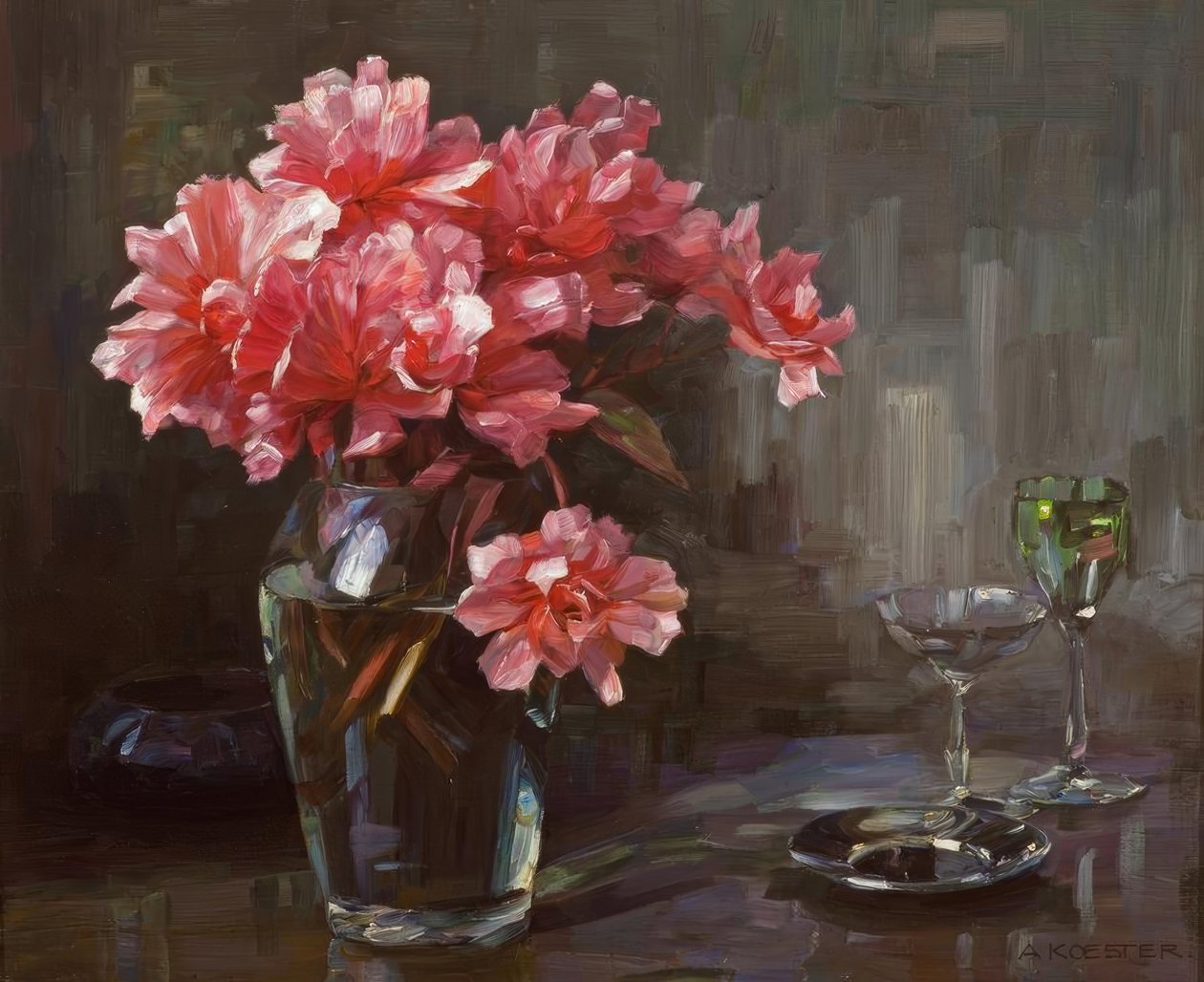 A.Koester, blomster i glasvase af Alexander Köster