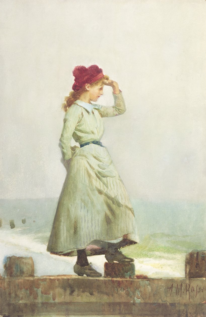 Ung pige på havvæg (akvarel på papir) af Alexander M. Rossi