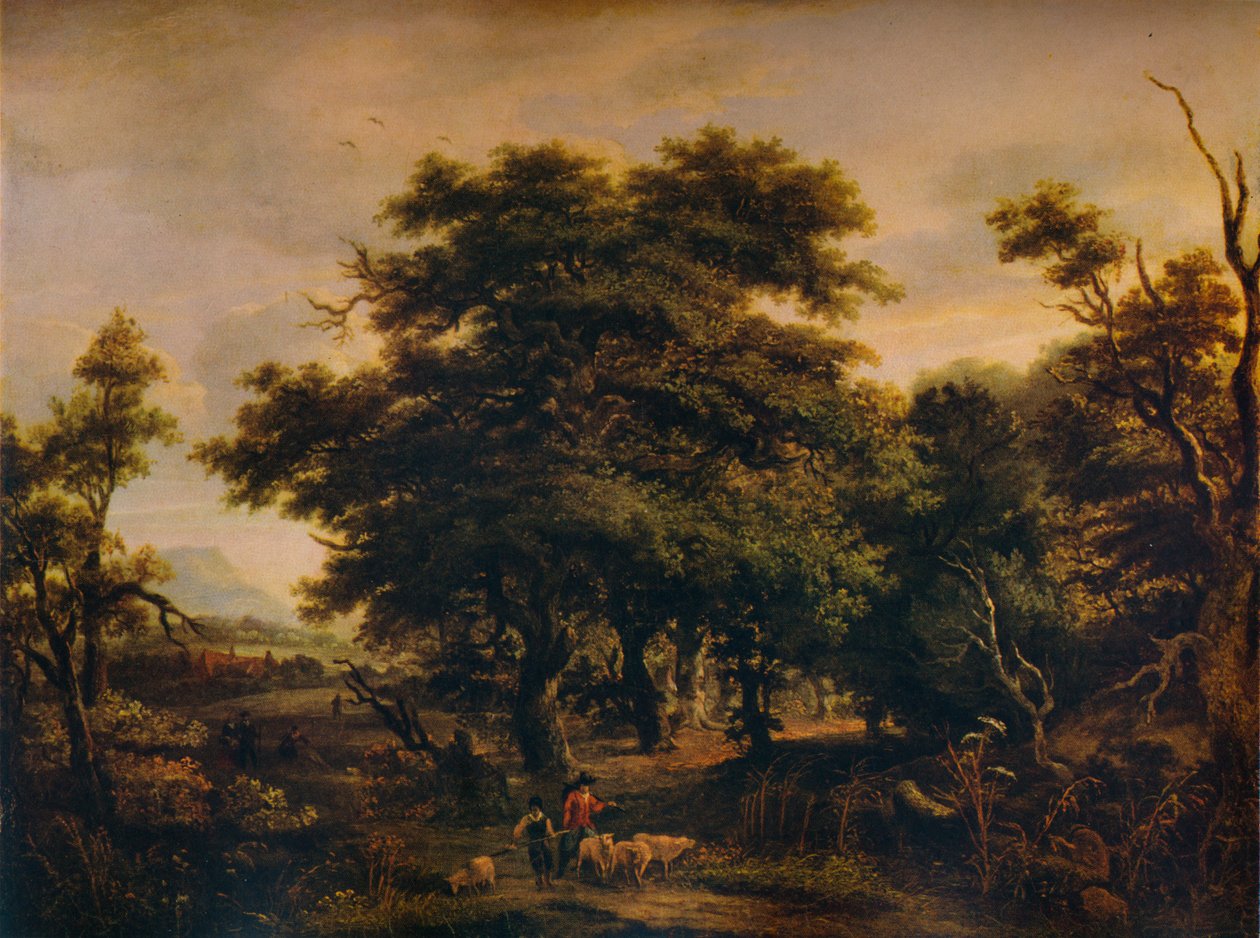 Et træagtigt landskab, med figurer og får, c1805 af Alexander Nasmyth