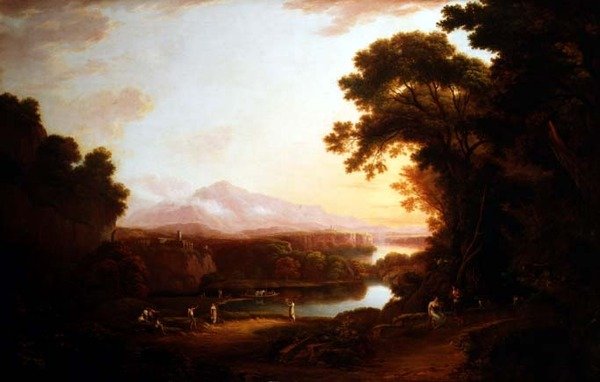 Italiensk landskab med dansende bønder (olie på lærred) af Alexander Nasmyth