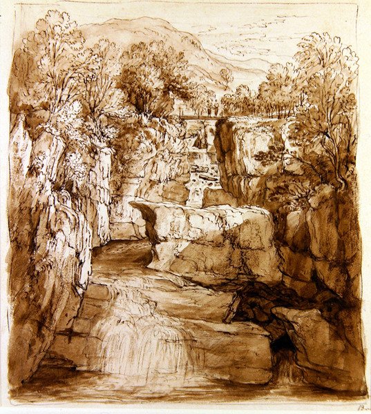 The Bracklinn Falls, Perthshire, ca. 1810 (pen og brunt blæk med vask på papir) af Alexander Nasmyth