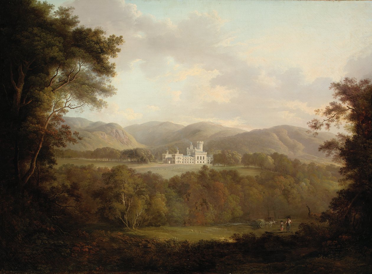 Udsigt over Dreghorn Castle, Midlothian, med figurer og en høvogn i forgrunden (olie på lærred) af Alexander Nasmyth