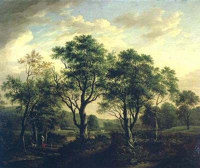 Skovklædt flodlandskab med figurer og kvæg (olie på lærred) af Alexander Nasmyth