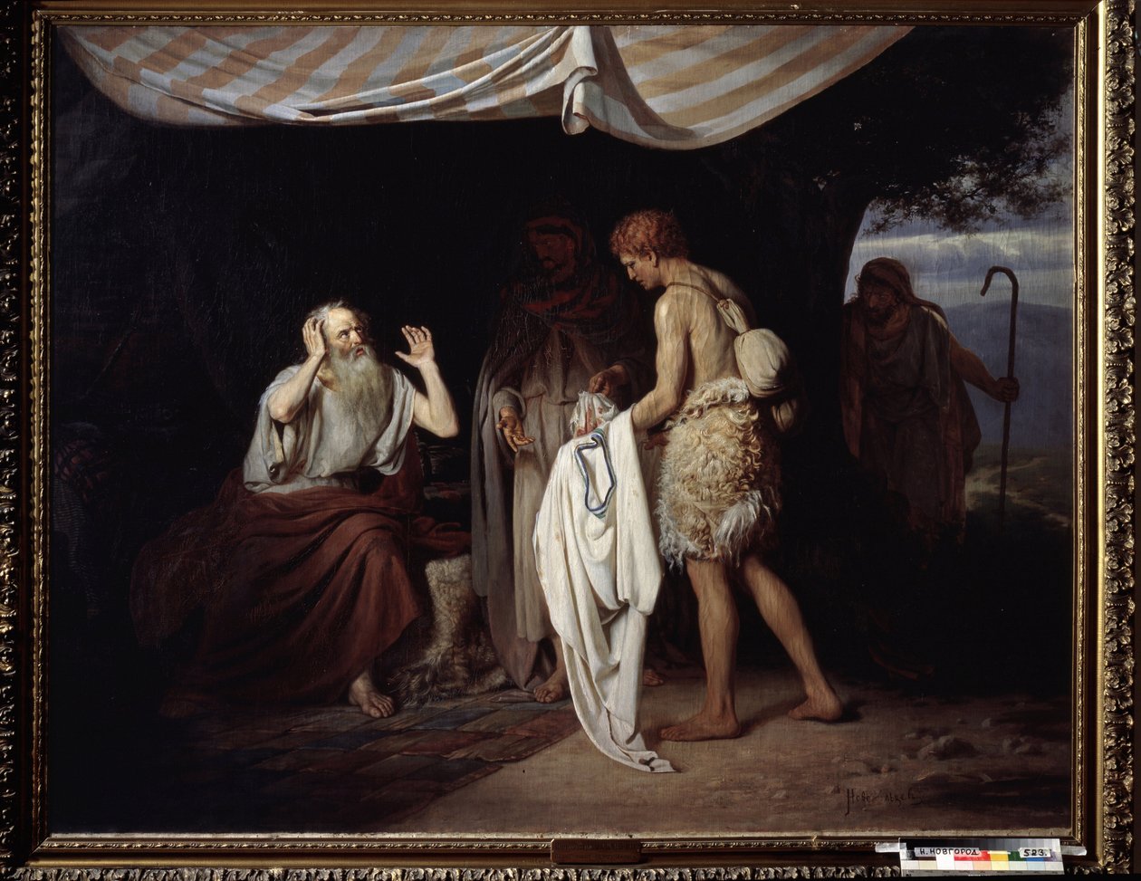 Josephs blodige frakke bragt til Jakob. Efter at have solgt deres bror Josef til slaveri i Ægypten, fordi de var jaloux over deres fars forkærlighed for Josef, præsenterer brødrene Jakob hans tunika for at af Alexander Nikanorovich Novoskoltsev