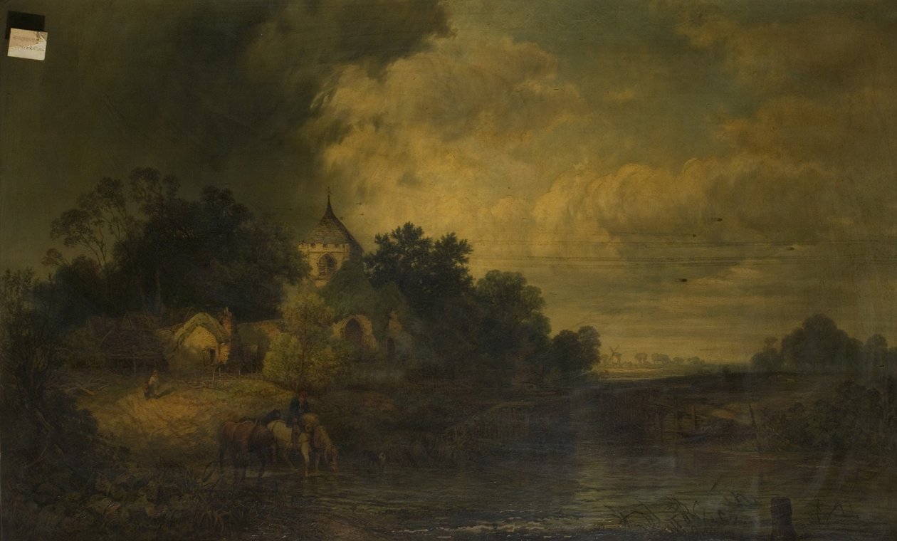Romantisk landskab med heste, der drikker, slutningen af det 19. århundrede af Alexander Panton