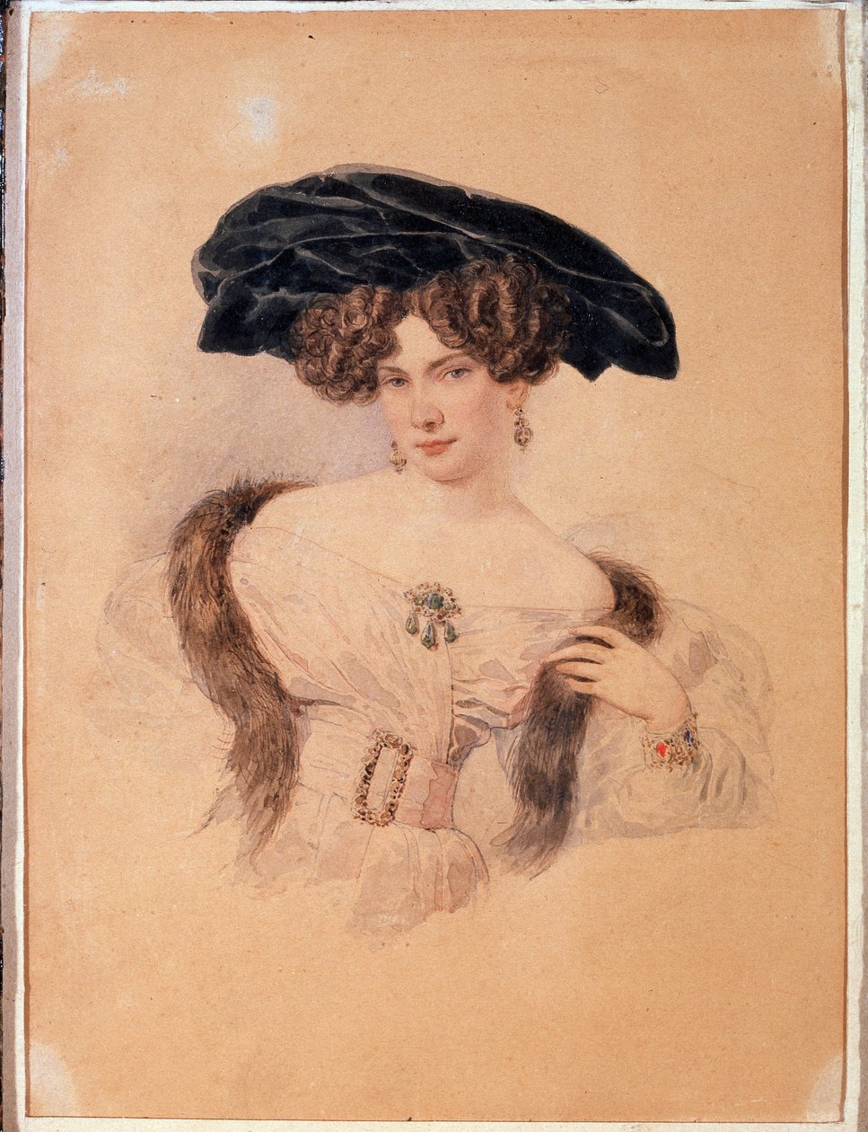 Portræt af kunstneren Yevdokiya Bakunina (1793-1882) i sort baret (Portræt af kunstneren Yevdokiya Bakunina i sort baret). Kunstværk af Alexander Pavlovich Briullov (Alexander Briullov) (1798-1877). Akvarel på papir af Alexander Pavlovich Briullov
