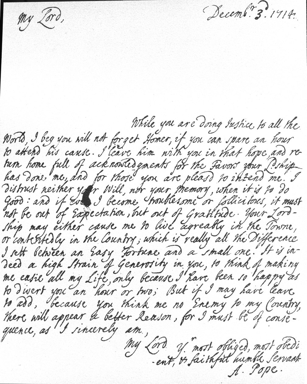 Brev fra Alexander Pope til Lord Halifax, hvor han bad ham om ikke at glemme sin oversættelse af Homer, som han havde givet til Lord Halifax inden udgivelsen, og han takkede ham også for tjenester og generøsitet, af Alexander Pope