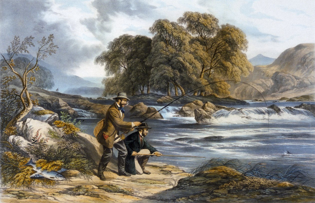 Laksefiskeri (akvarel på papir) af Alexander Rolfe