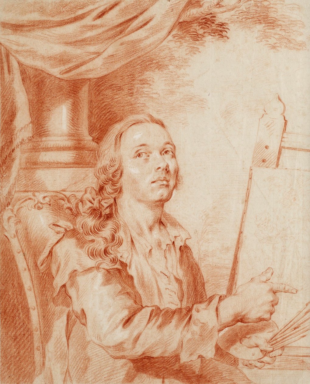 Selvportræt - Værk af Alexander (Alexandre) Roslin (1718-1793), sangvinsk på papir af Alexander Roslin
