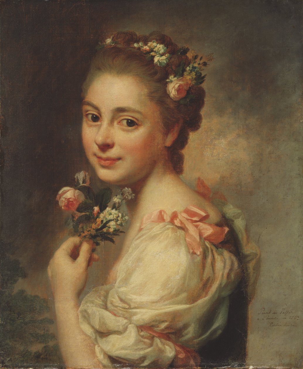 Marie Suzanne Giroust Roslin (1734-1772), fransk maler og pastelkunstner, hustru til kunstneren - Marie-Suzanne, kunstnerens hustru, af Roslin, Alexander (1718-1793). pastel på silke af Alexander Roslin