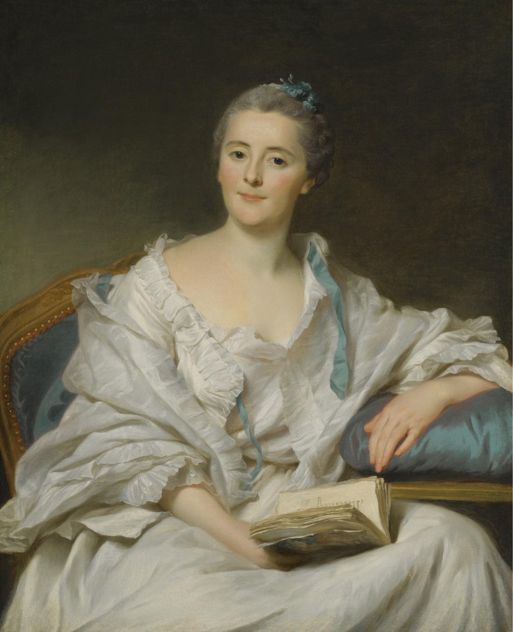 Portræt af Marie-Françoise Julie Constance Filleul, Marquise de Marigny med en bog af Alexander Roslin