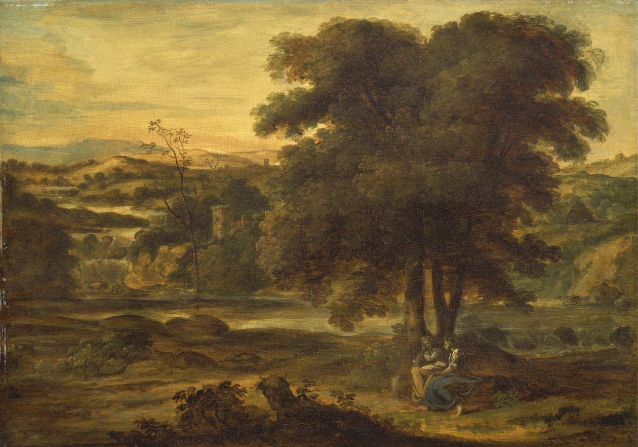 Klassisk landskab, ca. 1767-71 (olie på panel) af Alexander Runciman