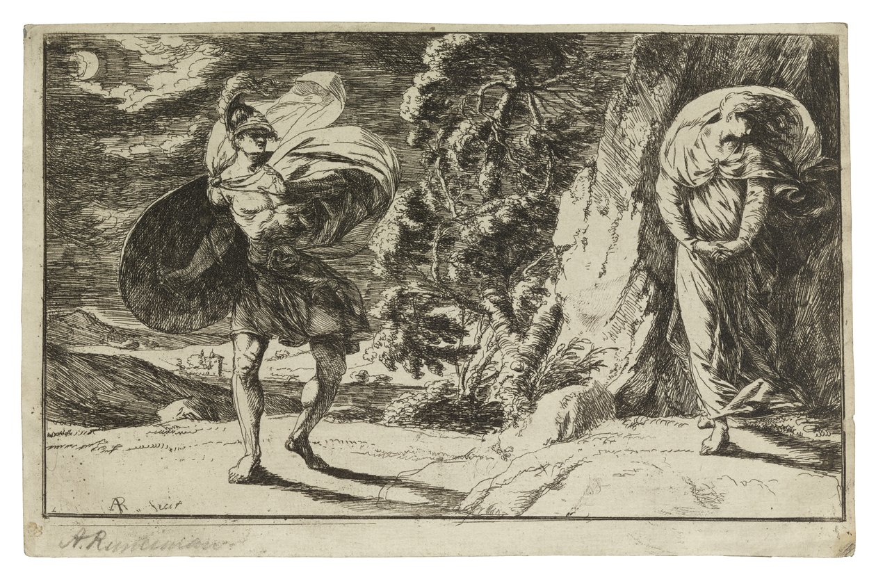 Fingal Encounters Carbon Carglass, ca. 1774 (ætsning på cremevævet papir) af Alexander Runciman