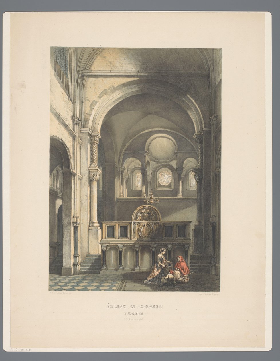 Interiør i Sint-Servaasbasiliek te Maastricht St Servais-kirken, i Maestricht (den vestlige side) (titel på objektet) Gamle arkitekturmonumenter fra det ellevte århundrede til det trettende århundrede i Limburg (serietitel) af Alexander Schaepkens