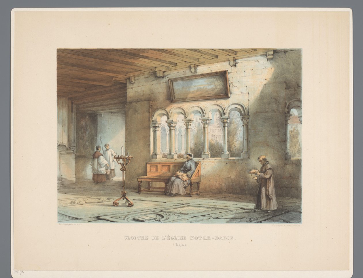 Klooster van Onze-Lieve-Vrouwebasiliek te Tongeren Klosteret i Notre-Dame-kirken, i Tongres (titel på objektet) Gamle arkitekturmonumenter fra det ellevte århundrede til det trettende århundrede i Limburgs (serietitel) af Alexander Schaepkens