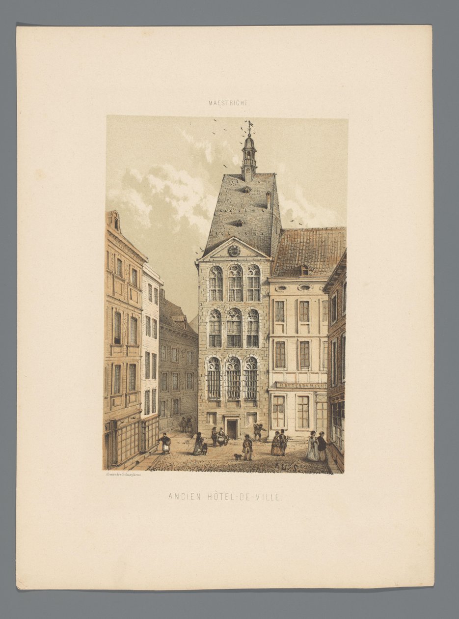 Det gamle rådhus i Maastricht Ancien Hôtel-de-ville (titel på objekt) Monuments de Maastricht (serietitel) af Alexander Schaepkens